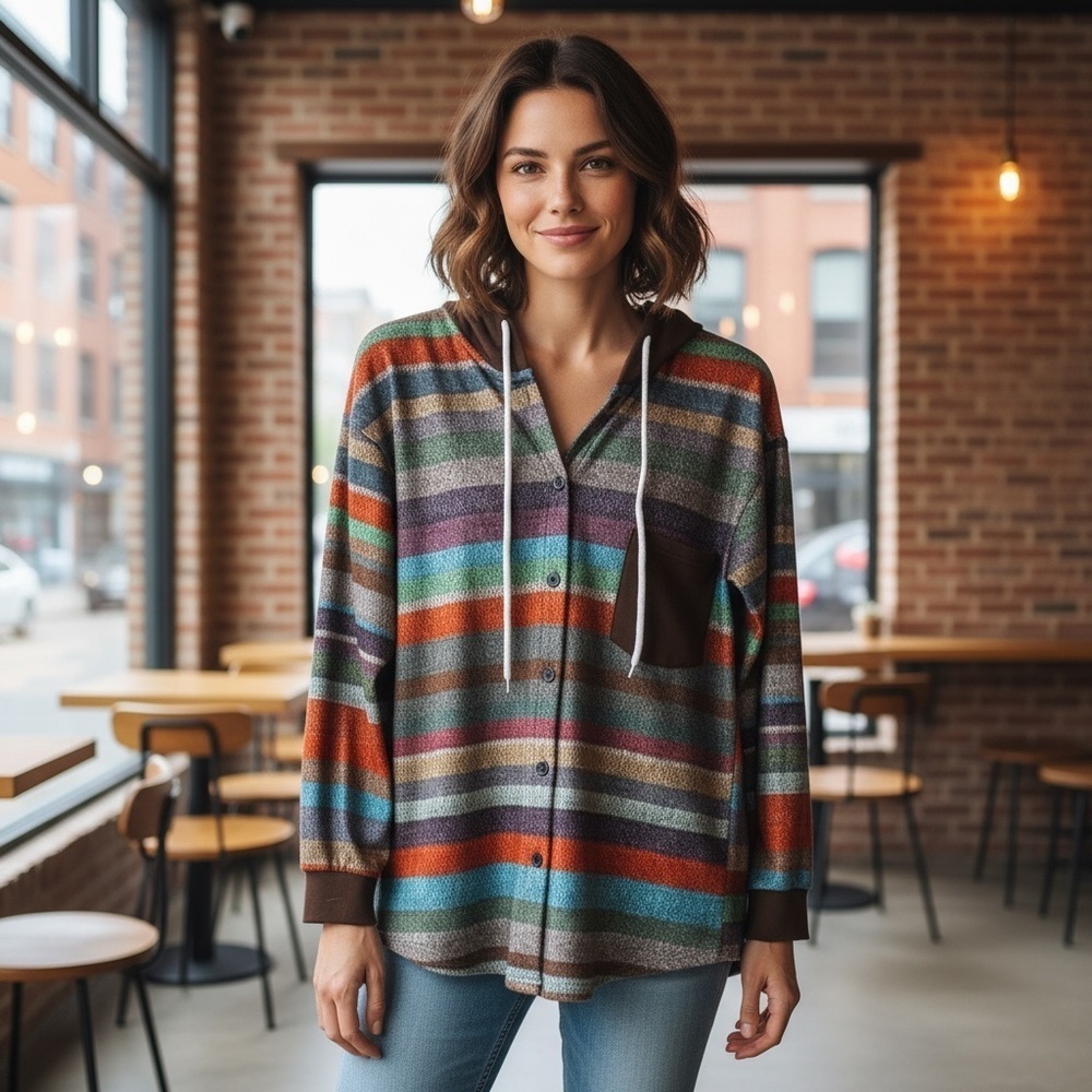 Striped Multicolor Button Up Brown Hood and Front Pocket Long Sleeve Sweater - Picture 1 of 16